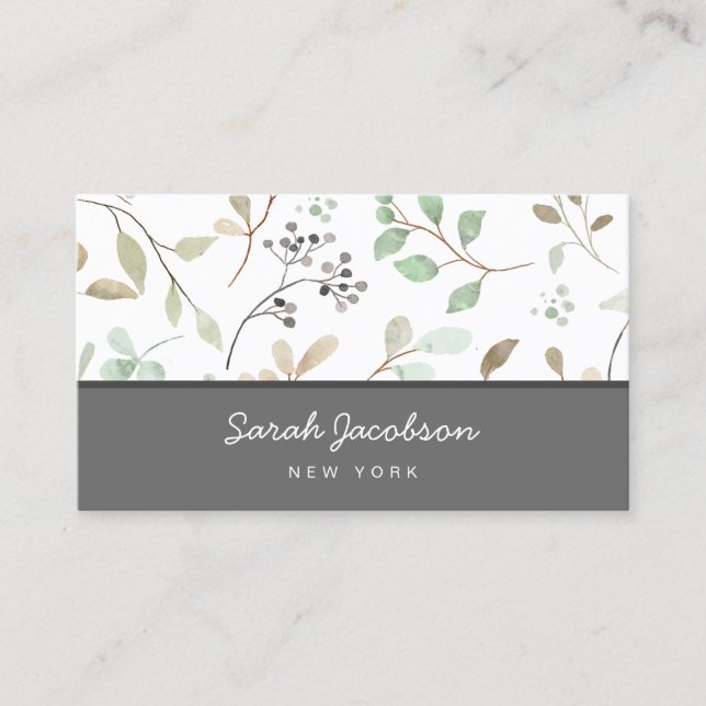 Botanical Leaves Grey and White Business Card (Front)
