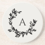 Botanical Leaves Initial Monogram Ivory and Black Coaster<br><div class="desc">A hand drawn crescent wreath of leaves and laurels surrounds your monogram or initial. Click the customise button to change the background colour or to add more text.</div>