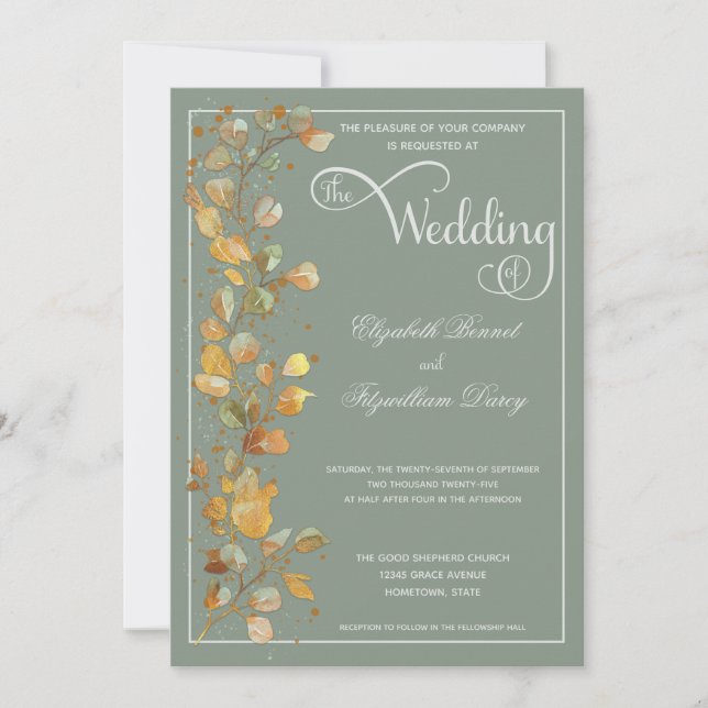 Botanical Leaves Jade Photo Monogram Wedding Invit Invitation (Front)
