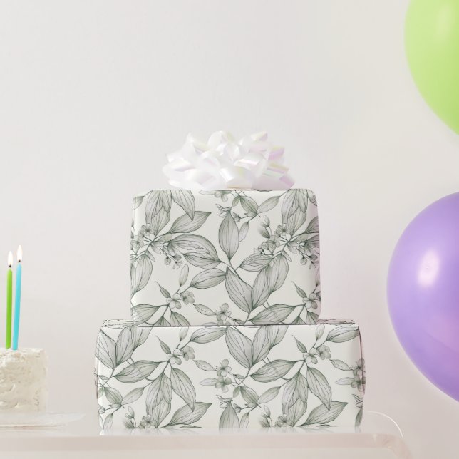 Botanical leaves lines white wrapping paper (Party Gifts)