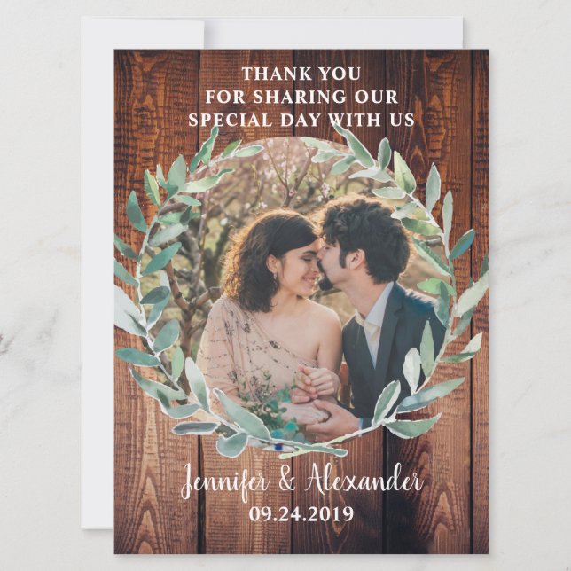 Botanical leaves on wood Thank You photo wedding (Front)