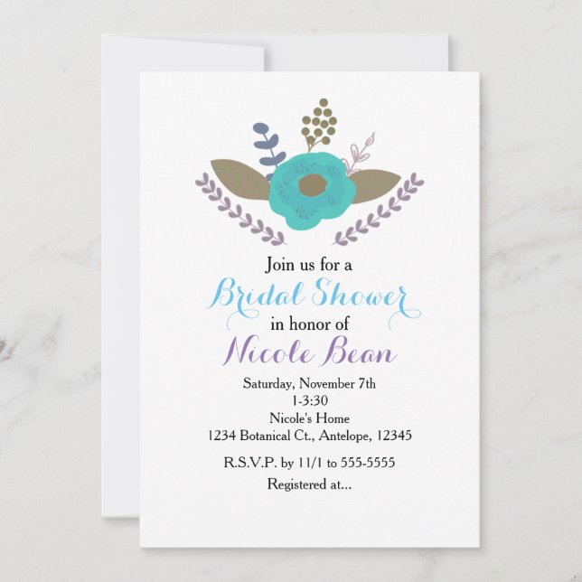 Botanical Leaves & Teal Blue Floral Invitations (Front)