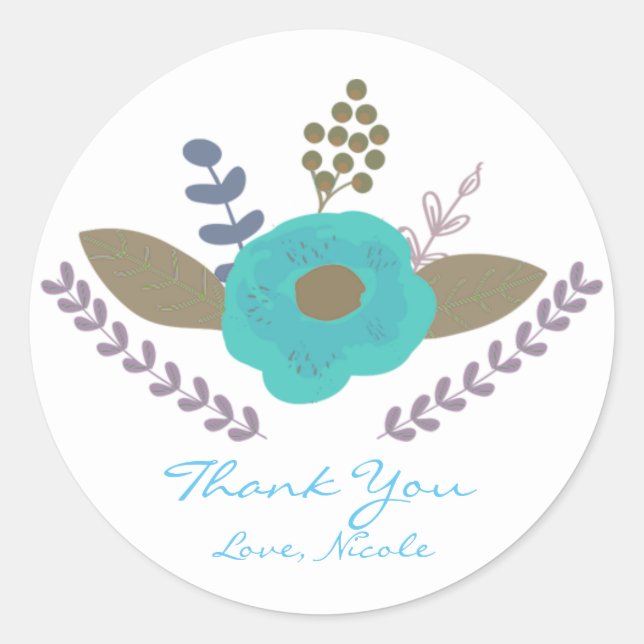 Botanical Leaves & Teal Blue Flower Favour Sticker (Front)