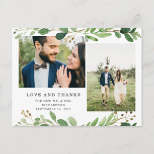 Botanical Leaves Two Photo Wedding Thank You Postcard