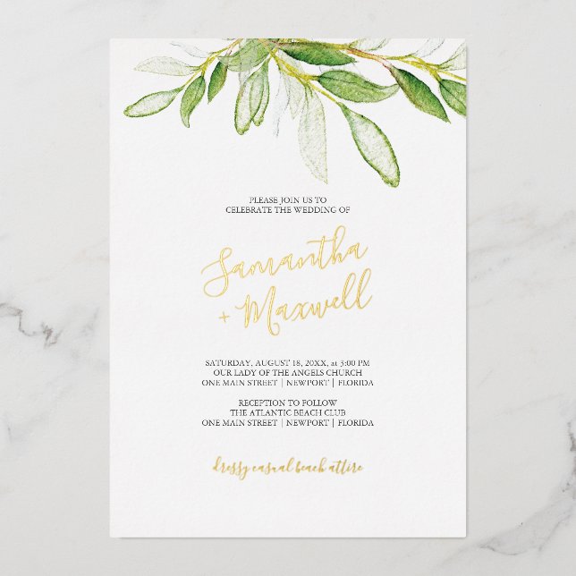 Botanical Leaves Watercolo Wedding Foil Invitation (Front)