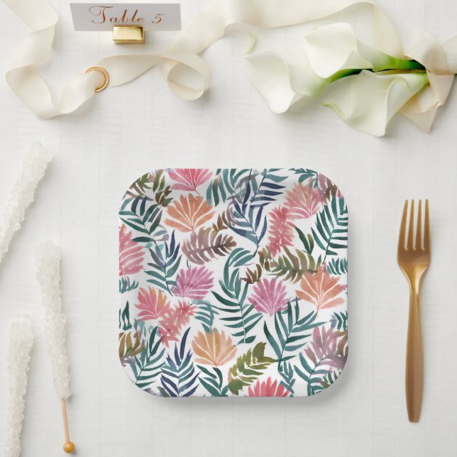 Botanical Leaves Watercolor | Floral Colourful Cut Paper Plate (Wedding)