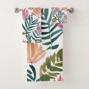 Botanical Leaves Watercolor   Floral Colourful Lea Bath Towel Set