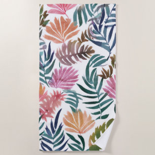 Botanical Leaves Watercolor   Floral Colourful Lea Beach Towel
