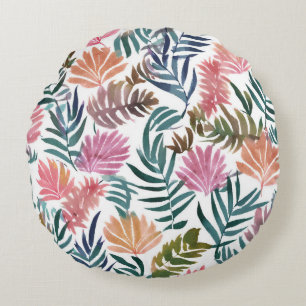 Botanical Leaves Watercolor   Floral Colourful Lea Round Cushion