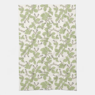 Botanical Leaves with Blossoms and Berries Green Tea Towel
