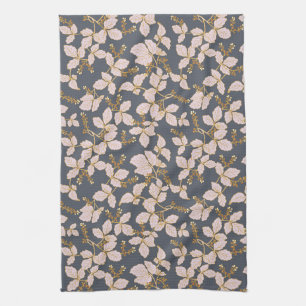 Botanical Leaves with Blossoms and Berries Tea Towel