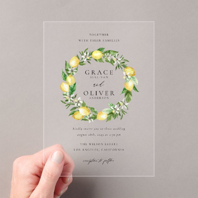 Botanical Lemon and Greenery Summer Wreath Wedding Acrylic Invitations (Insitu (Handheld))