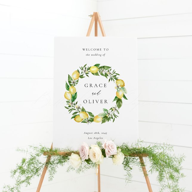Botanical Lemon and Greenery Wreath Design Wedding Poster ( Customizable Wedding Welcome Sign with Watercolor Lemons, Blossoms & Greenery Wreath)