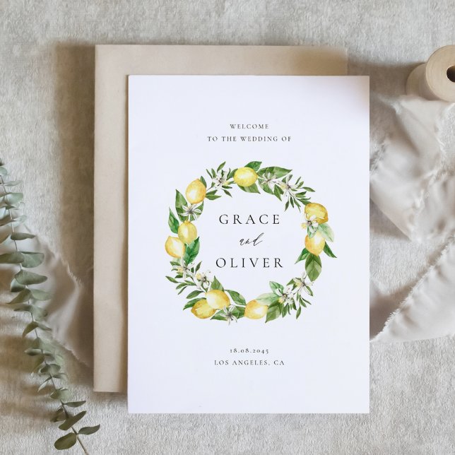 Botanical Lemon and Greenery Wreath Summer Wedding Programme (Customizable Wedding Program Card with Watercolor Lemons, Blossoms & Greenery Wreath)