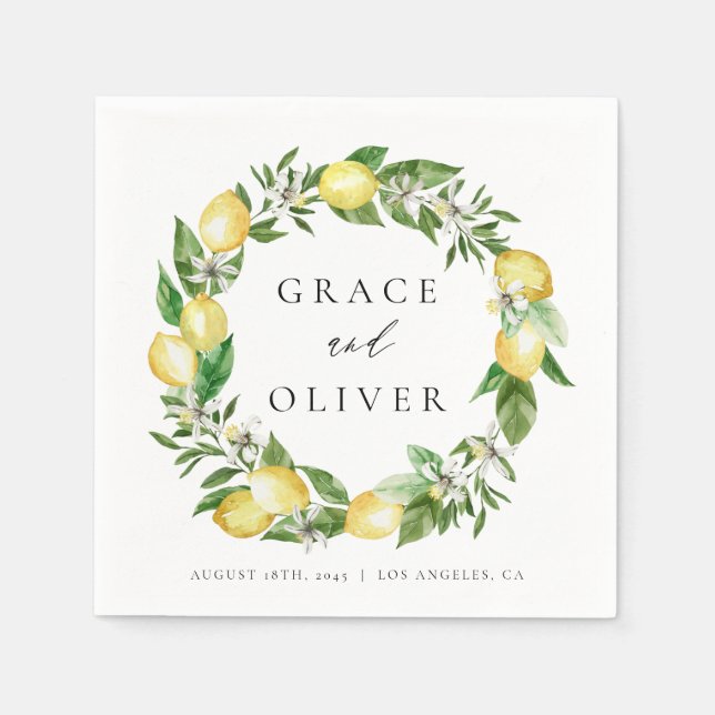 Botanical Lemon and Greenery Wreath Wedding Napkin (Front)