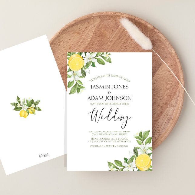 Botanical Lemon Greenery Elegant Wedding Invitation (Citrus Lemons and Greenery Summer Fruits Wedding Invitation)