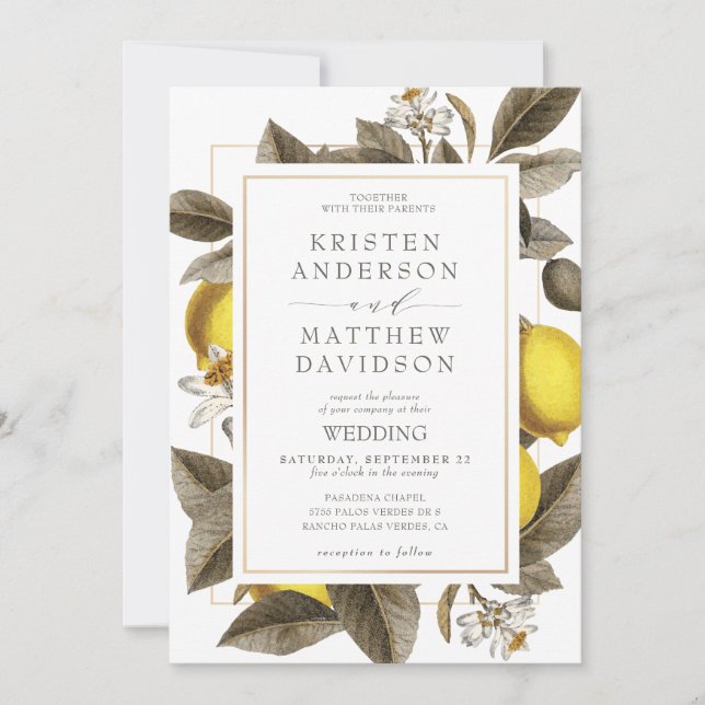 Botanical Lemon Leaves Wedding  Invitation (Front)