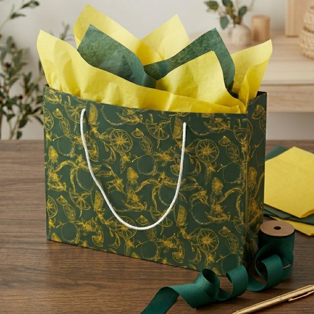 Botanical Lemon Pattern on Green with Label Large Gift Bag (Creator Uploaded)