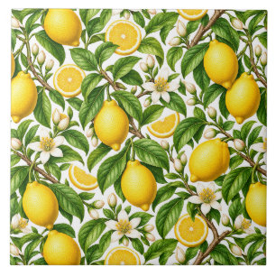 Botanical Lemons and White Blossoms Tile