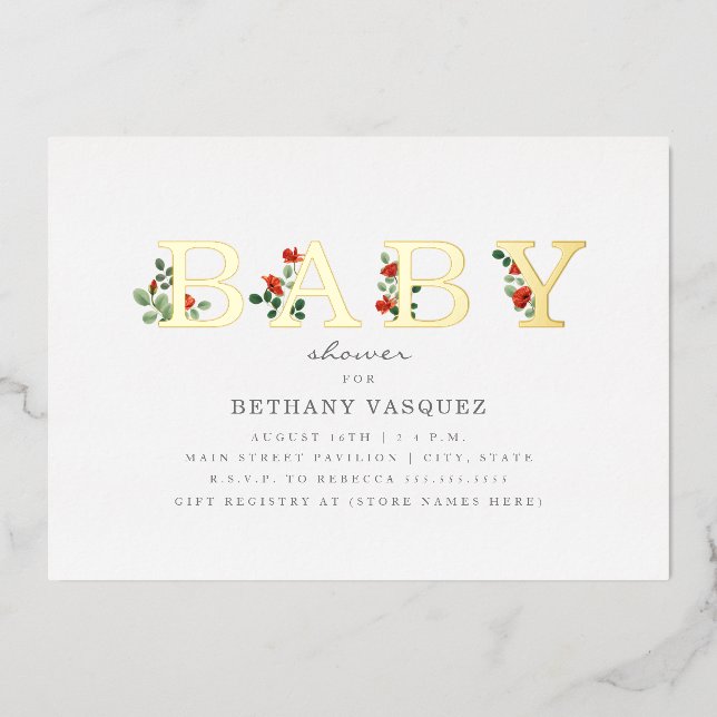 Botanical Lettering Poppies Baby Shower Gold (Front)