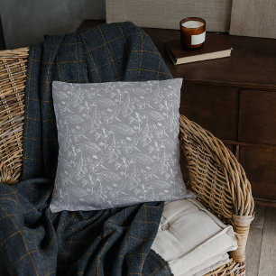 Botanical Light Gray White Leaves Floral Pattern Cushion