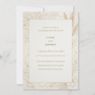 Botanical Line Art Beige Floral Wedding Invitation