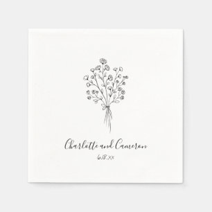 Botanical Line Art Bouquet Wedding Names Custom Napkin