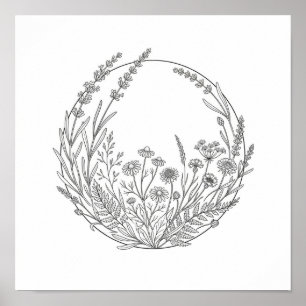 Botanical Line Art Circle Frame Square Poster
