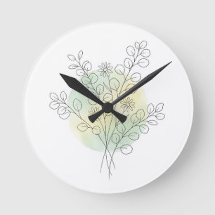 Botanical Line Art Eucalyptus Green Watercolor Round Clock