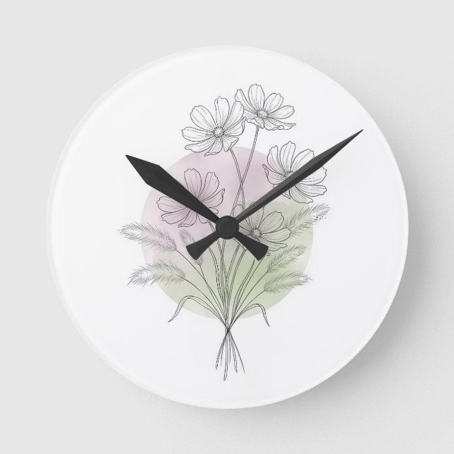 Botanical Line Art Fern Wildflower Blush Green⁠ Round Clock (Front)