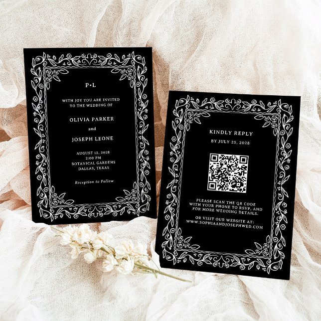 Botanical Line Art Frame | Black QR Code Wedding Invitation (Creator Uploaded)