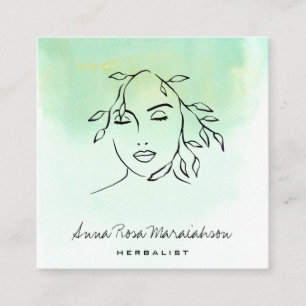 *~* Botanical Line Art QR Woman Greenery Square Business Card