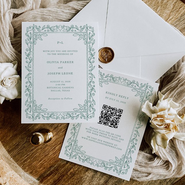 Botanical Line Art | Sage Green QR Code Wedding Invitation (Creator Uploaded)