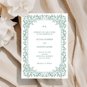 Botanical Line Art Sage Green Wedding Invitation