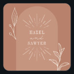 Botanical Line Art Script Terracotta Wedding Square Sticker<br><div class="desc">Simple line art with script,  couple's names over terracotta background with arch.</div>