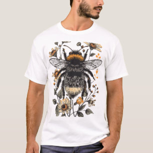 Botanical Linocut Bumblebee Design T-Shirt