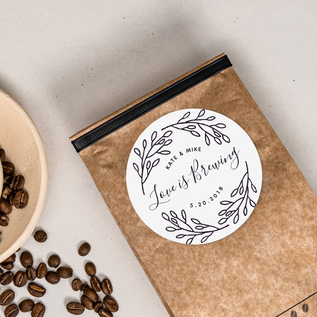 Botanical Love is Brewing Wedding Coffee Favour Classic Round Sticker (Creator Uploaded)