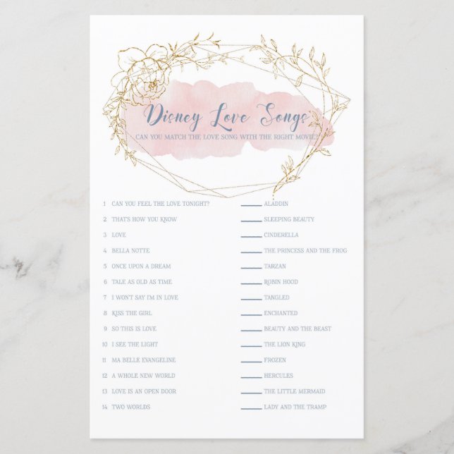 Botanical Love Song Matching Bridal Shower Game (Front)