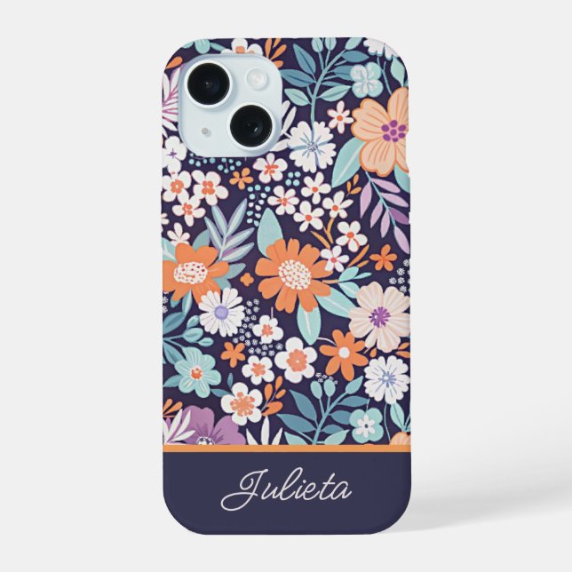 Botanical Lush Floral Pattern Script Name iPhone 15 Case (Back)