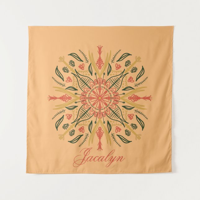 Botanical Mandala Boho Orange Name Tapestry (Front)