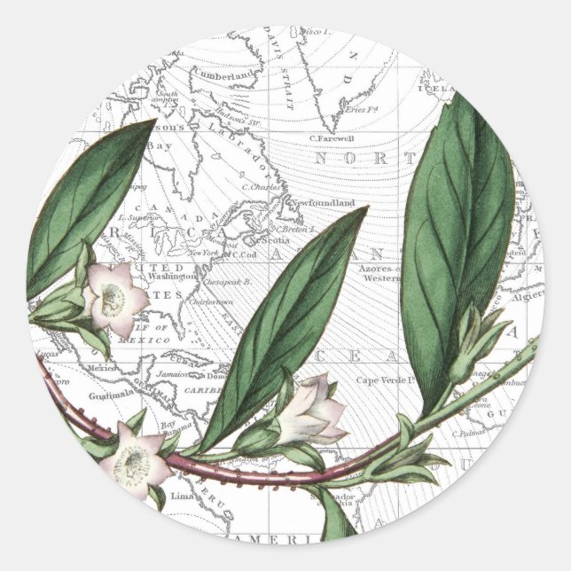 Botanical Map Destination Wedding Round Sticker (Front)