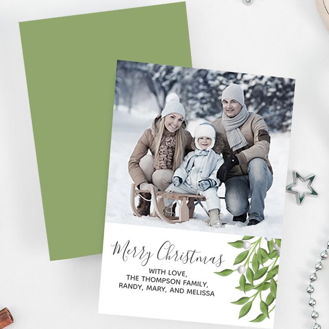Botanical Merry Christmas One Photo Holiday Card (Merry Christmas holiday greenery photo card with greenery. )