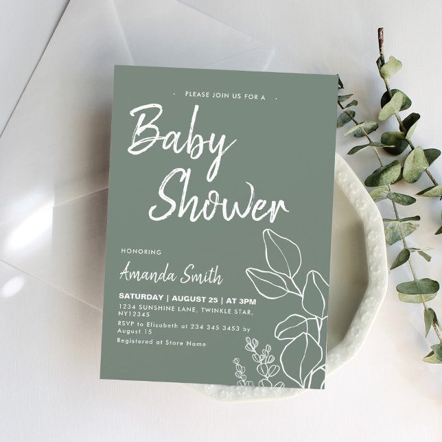 Botanical Minimalist Sage Baby Shower  Invitation (Creator Uploaded)