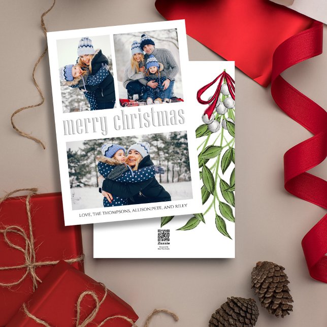 Botanical Mistletoe Merry Christmas Photo Collage Holiday Card (Simple Merry Christmas holiday card with a three photo layout. )