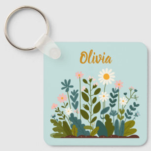 Botanical Modern Elegant Daisies Key Ring