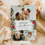 Botanical Modern Script 3 Photo Merry Christmas Holiday Card<br><div class="desc">This collection features watercolor red florals,  berries & winter greenery with modern & elegant typography,  with a winter botanical pattern back.</div>