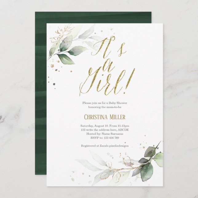 Botanical, Modern, Watercolor, Elegant, Baby Showe Invitation (Front/Back)