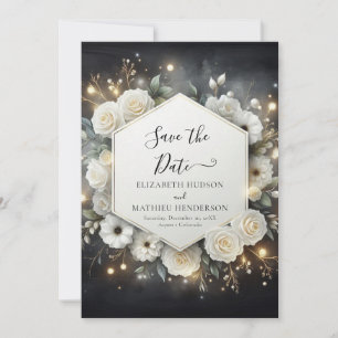 Botanical Modern White Roses Wedding Save The Date