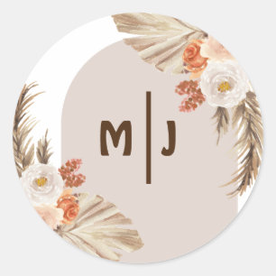 Botanical Monogram Boho Pampas Grass Wedding Classic Round Sticker