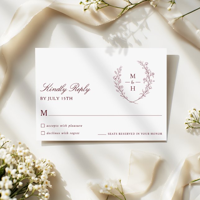 Botanical Monogram Burgundy Script Wedding RSVP (Creator Uploaded)